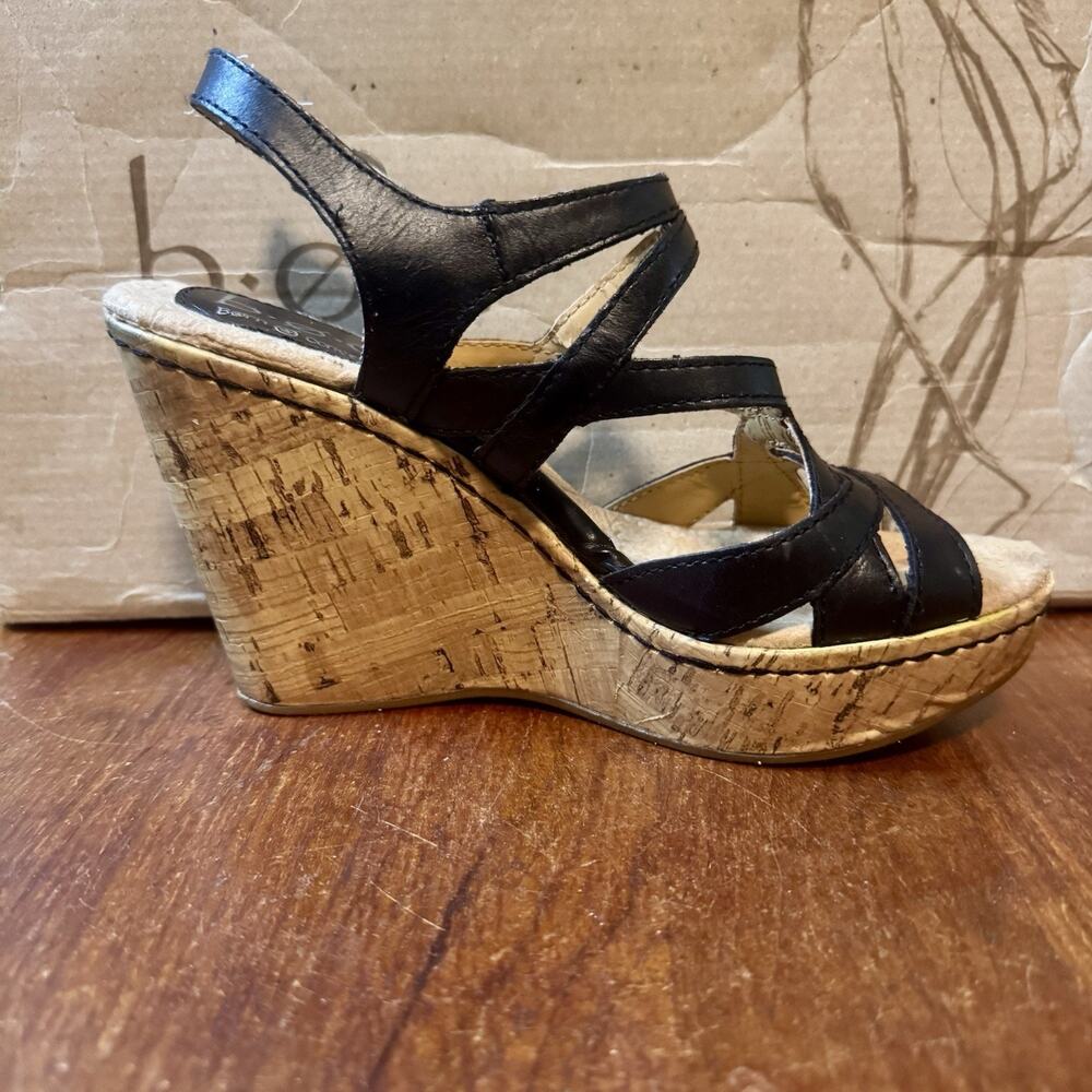 BOC Born Concept Brygida Black Leather Cork Wedge Sandals Women’s US 6 EU 36.5